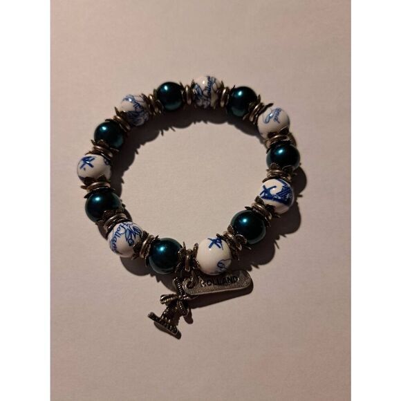 Vintage Holland Windmill Porcelain Bead Stretch Bracelet Blue White Silver - Picture 5 of 8